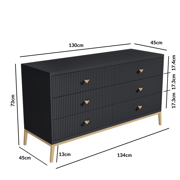 Dark Grey Wide Chest of 6 Drawers with Gold Legs - Maya