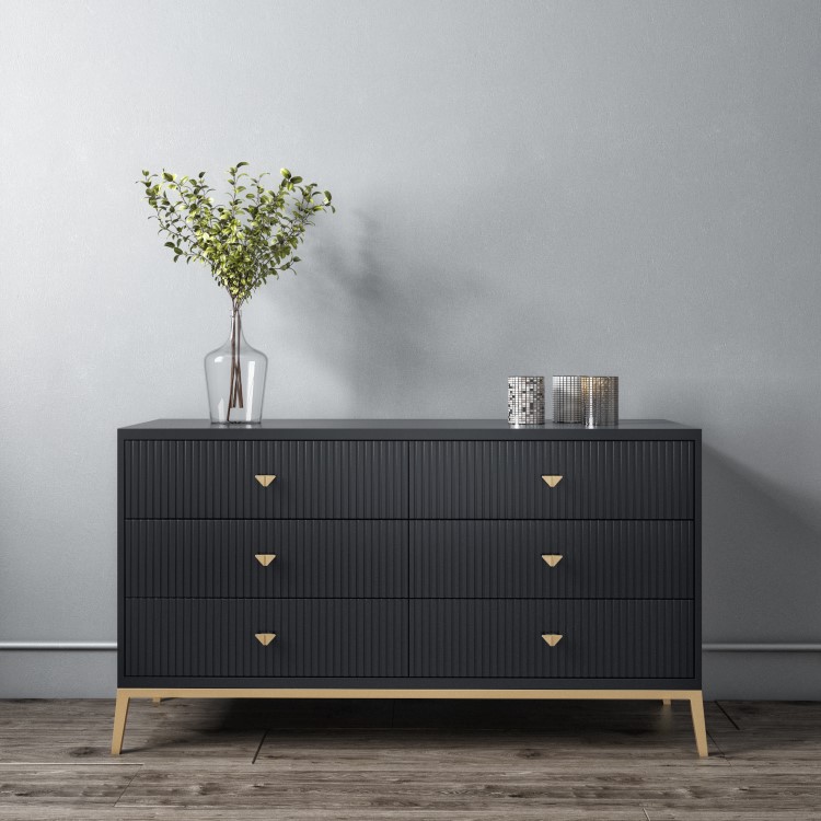 Dark Grey Wide Chest of 6 Drawers with Gold Legs - Maya