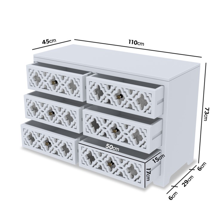 Wide Grey Mirrored Boho Chest of 6 Drawers - Alexis