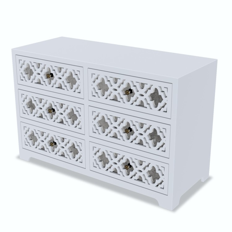Wide Grey Mirrored Boho Chest of 6 Drawers - Alexis