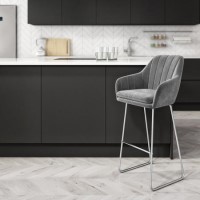 Grey Velvet Bar Stool with Back - 77cm - Logan