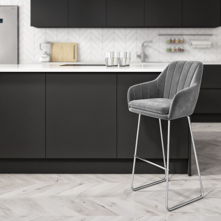 Grey Velvet Bar Stool with Back - 77cm - Logan