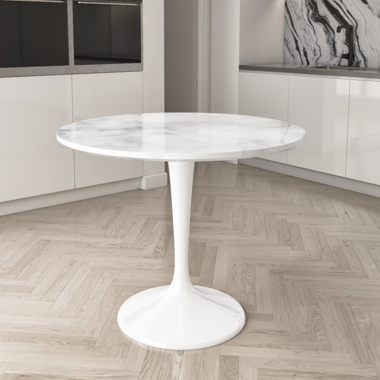 Small Round White Marble Effect Dining Table - Seats 4 - Aura