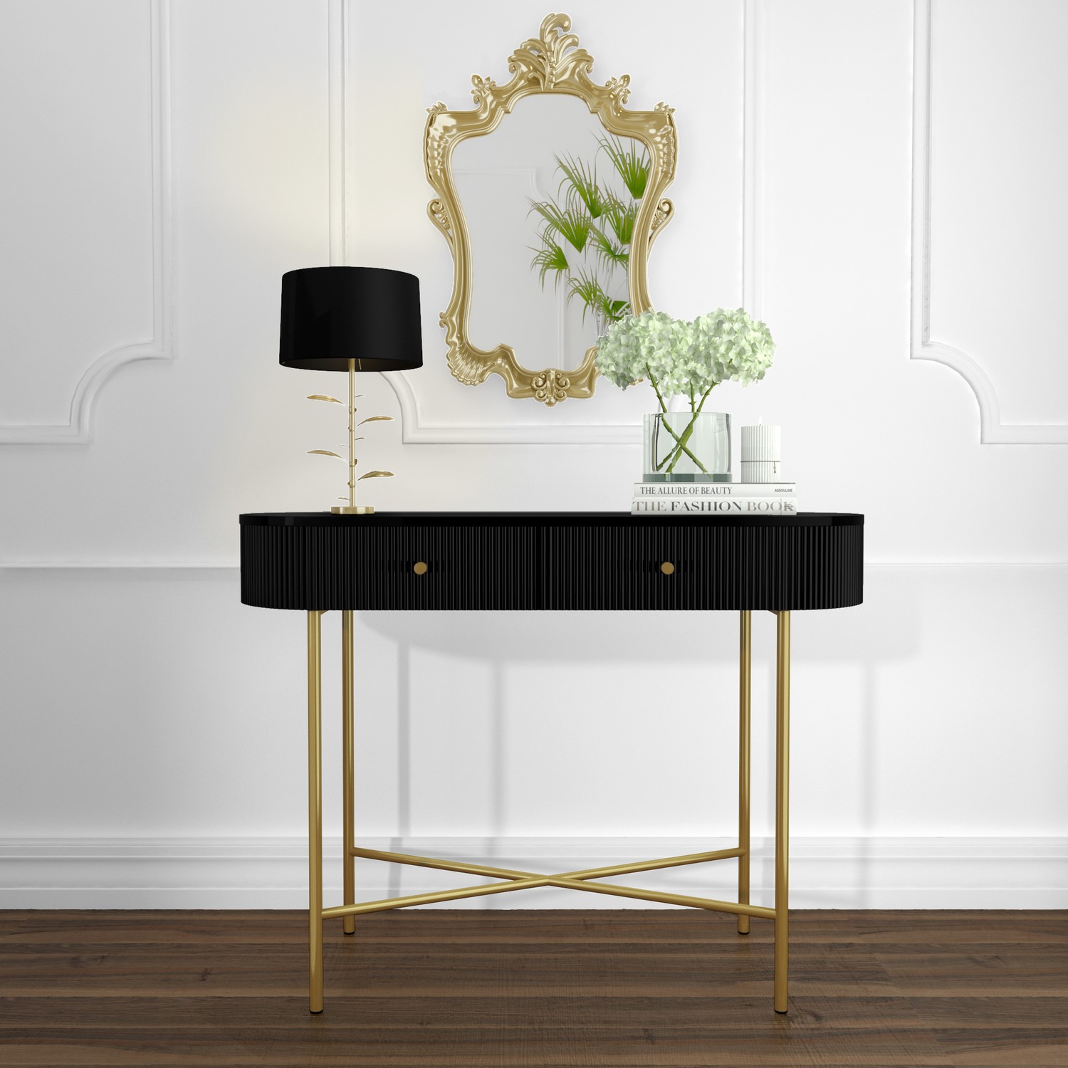 black gold dressing table Bline Black Makeup Vanity Table Faux Marble Dressing Table with Drawers Stainless SteelHomary