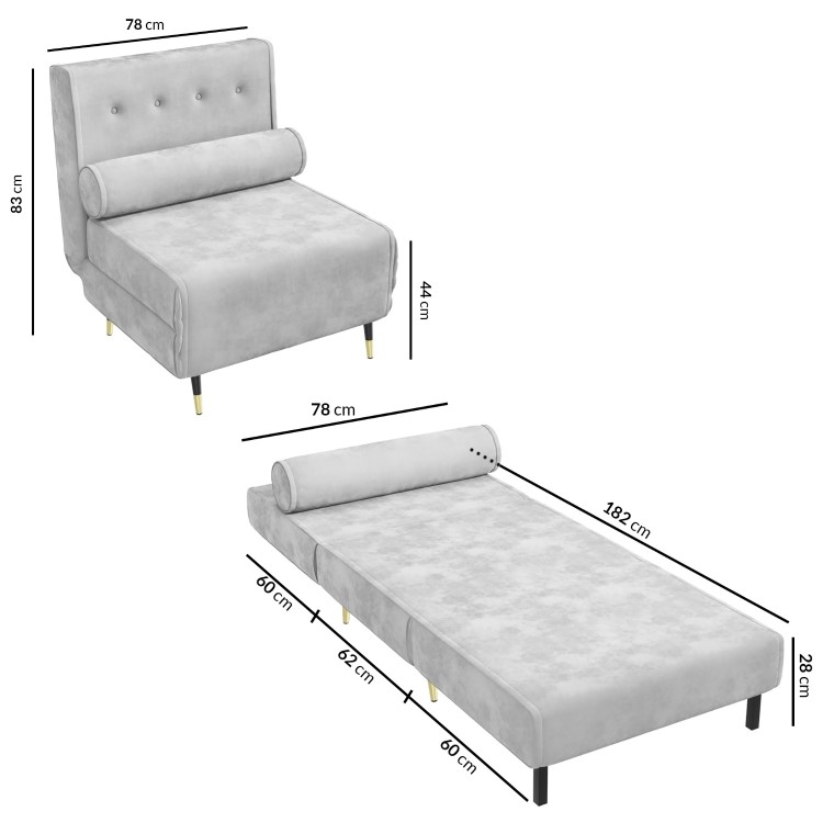 Single Sofa Bed in Silver Grey Velvet with Bolster Cushion - Eleni