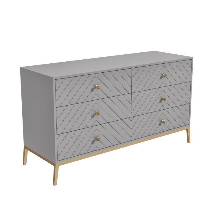Wide Grey Chevron Chest of 6 Drawers with Legs - Ezra