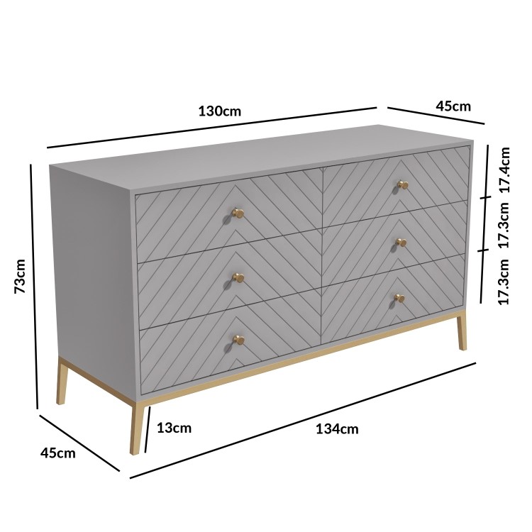 Wide Grey Chevron Chest of 6 Drawers with Legs - Ezra