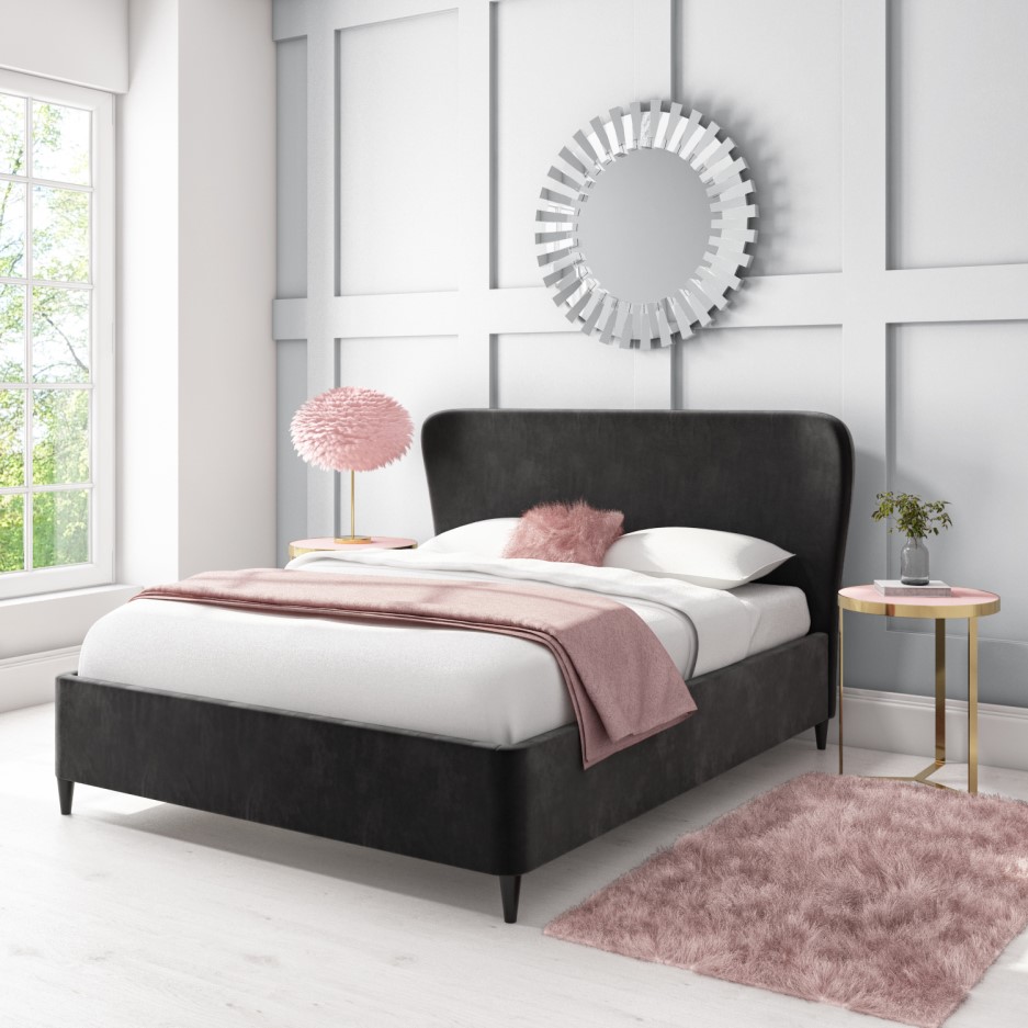 Margot Double Ottoman Bed with Curved Headboard in Dark Grey Velvet