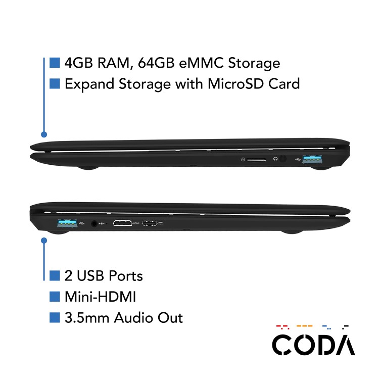 CODA 1.1 Intel Celeron N3350 4GB 64GB eMMC 11.6 Inch FHD Windows 10 S Laptop Includes 1 Year Office 365