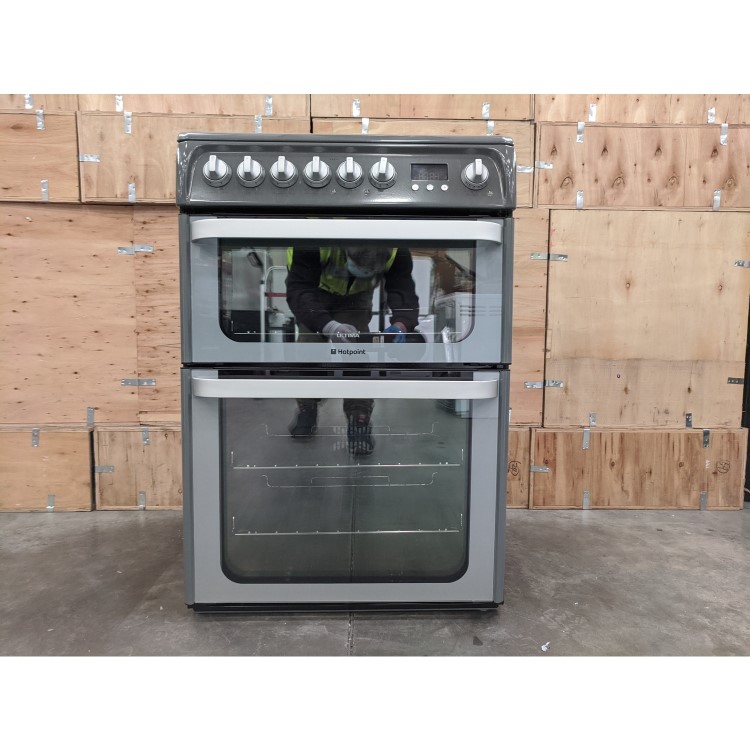 Refurbished Hotpoint Ultima HUE61GS 60cm Double Oven Electric Cooker with Ceramic Hob Graphite
