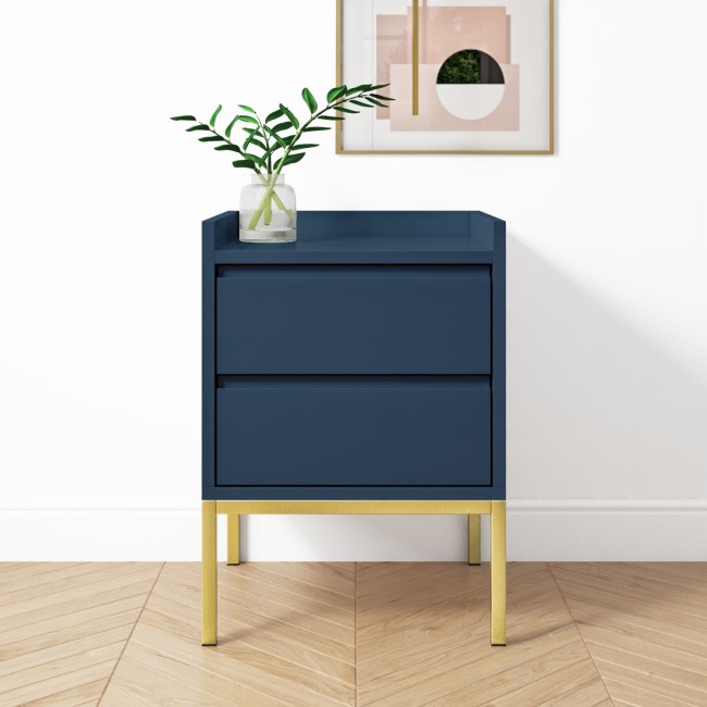 Navy Blue Modern 2 Drawer Bedside Table with Legs - Zion
