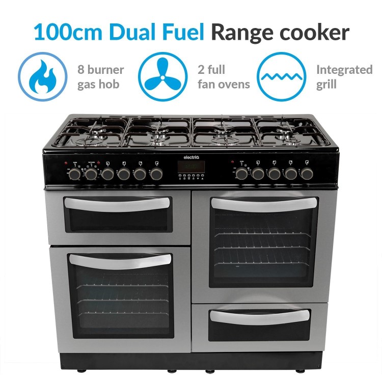 electriQ 100cm Dual Fuel Double Oven Range Cooker - Stainless Steel