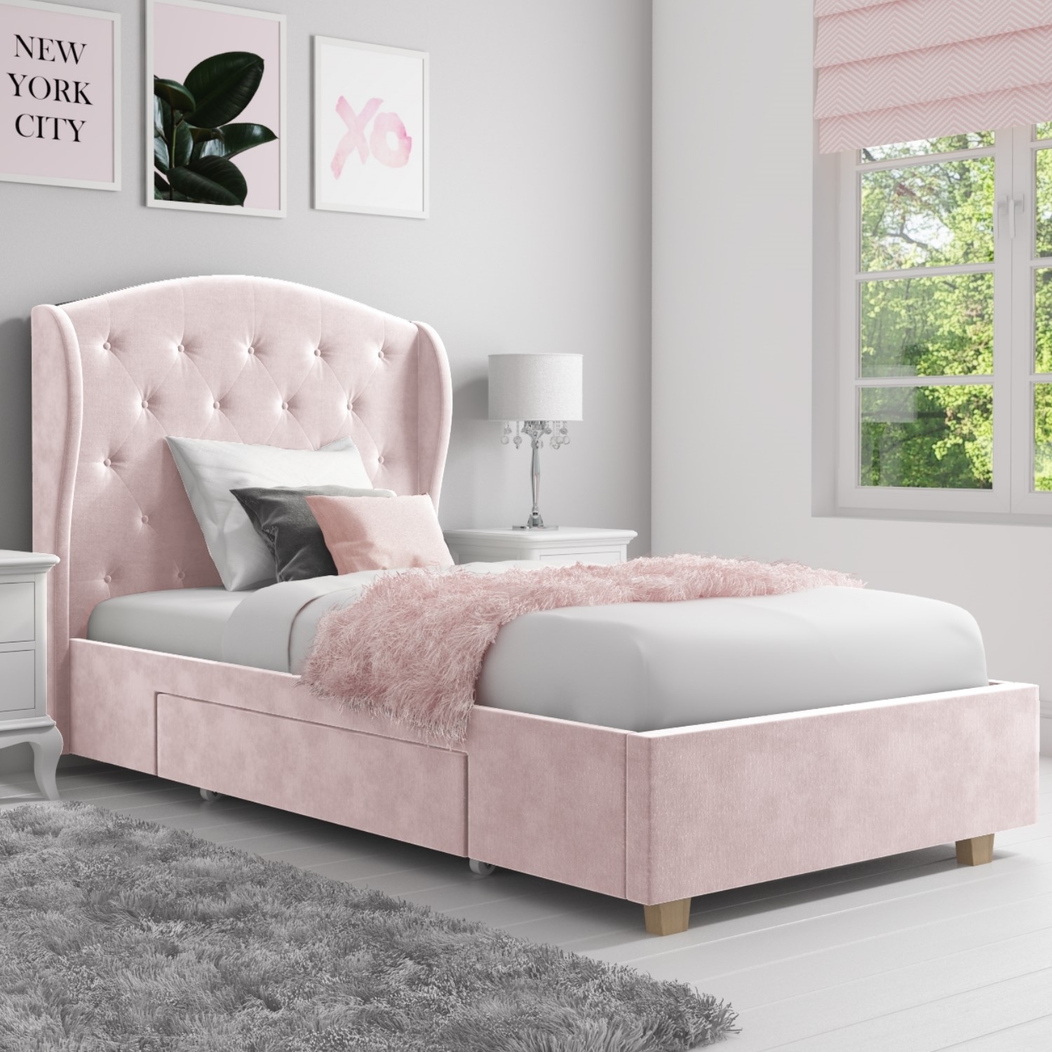 Pink Velvet Upholstered Single Bed Frame with Storage Drawer - Safina