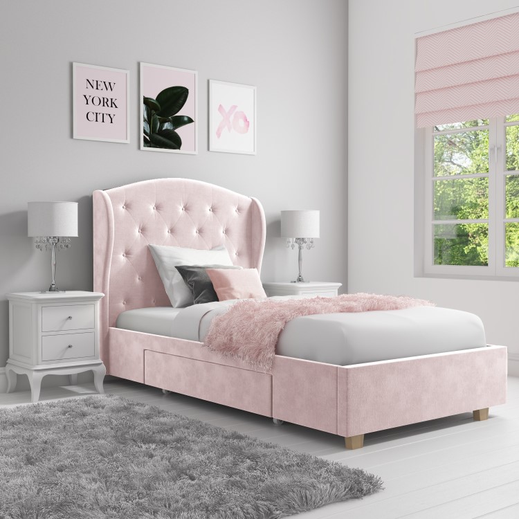 Pink Velvet Upholstered Single Bed Frame with Storage Drawer - Safina