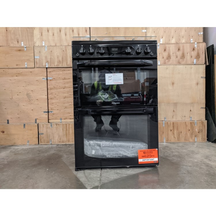 Refurbished Hotpoint HDM67G0CCB 60cm Double Oven Gas Cooker with Lid and Assisted Cleaning Black