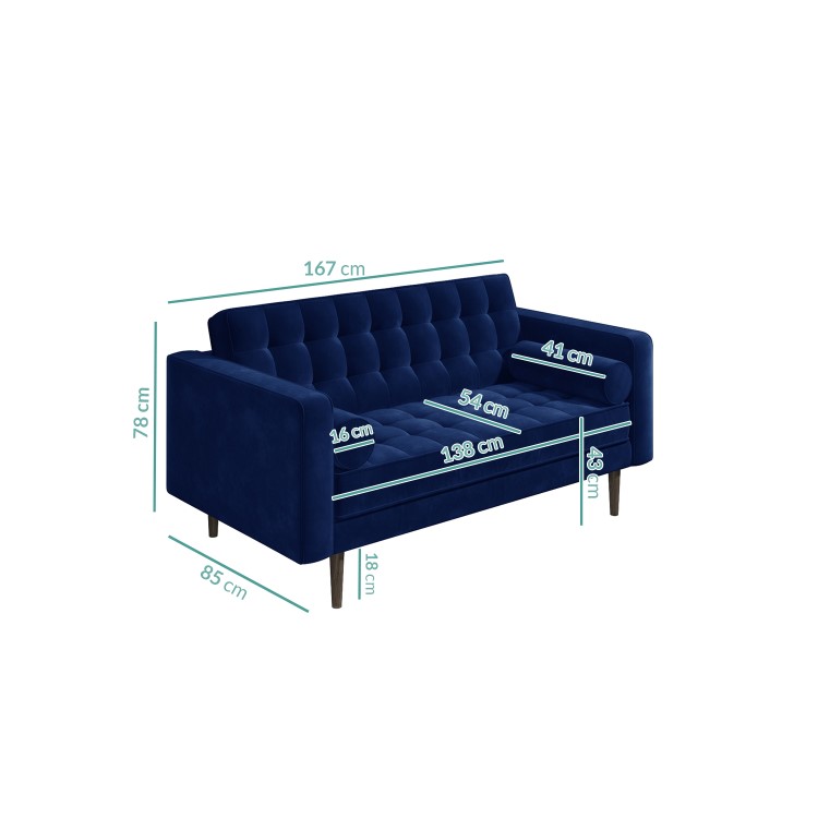 Navy Blue Velvet 2 Seater Mid Century Quilted Sofa - Elba
