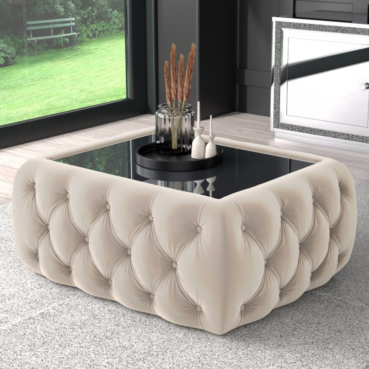 Cream Velvet Ottoman Coffee Table with Mirrored Top - Clio