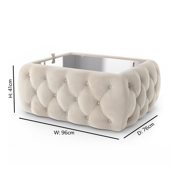 Cream Velvet Ottoman Coffee Table with Mirrored Top - Clio