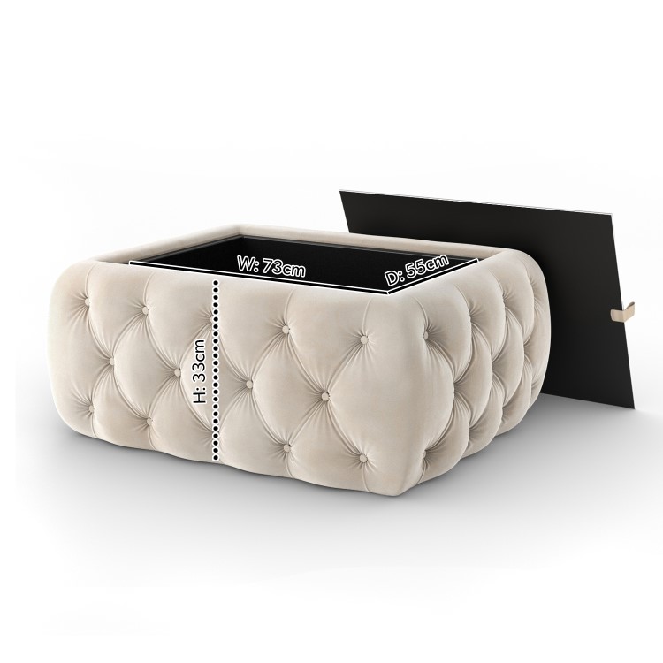 Cream Velvet Ottoman Coffee Table with Mirrored Top - Clio