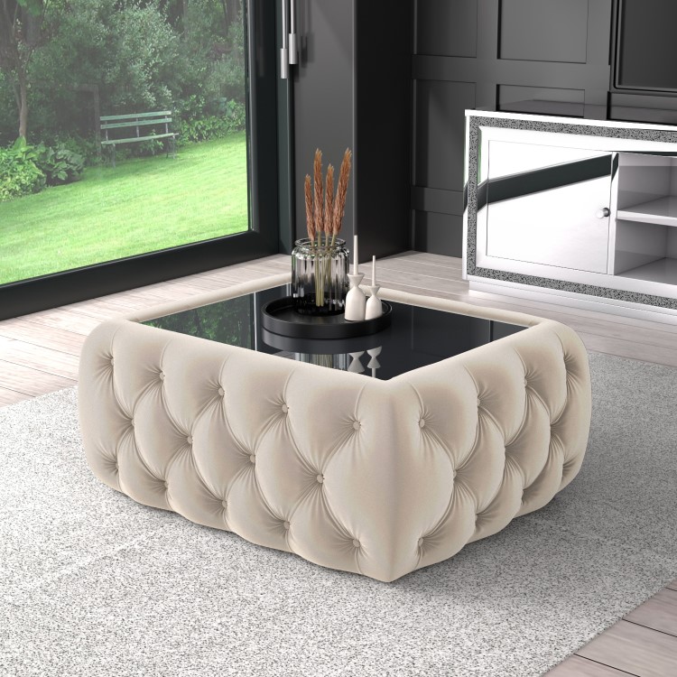 Cream Velvet Ottoman Coffee Table with Mirrored Top - Clio