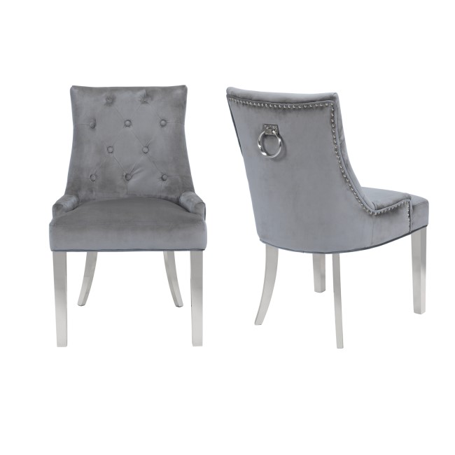 Set of 2 Grey Knocker Chairs in Velvet with Chrome Legs & Studs - Jade Boutique 