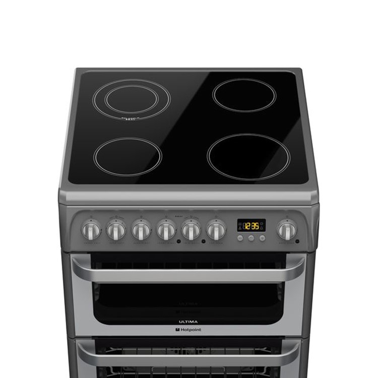 Refurbished Hotpoint Ultima HUE61GS 60cm Double Oven Electric Cooker with Ceramic Hob Graphite