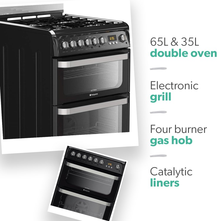 Refurbished Hotpoint HUD61KS 60cm Double Oven Dual Fuel Cooker Black