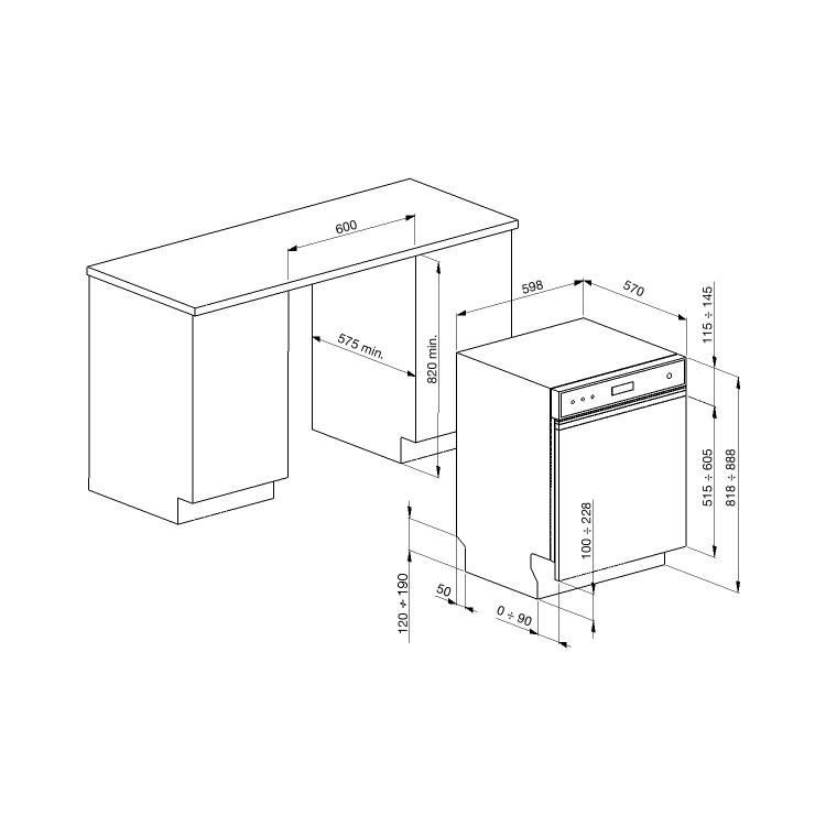 Refurbished Smeg DD13E2 13 Place Semi-Integrated Dishwasher Stainless Steel Control Panel