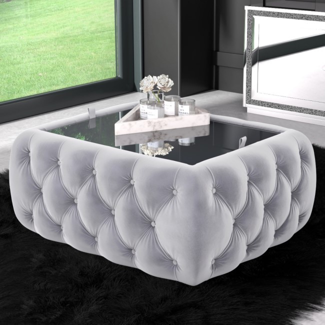 Silver Grey Vevlet Ottoman Coffee Table with Button Detail - Clio