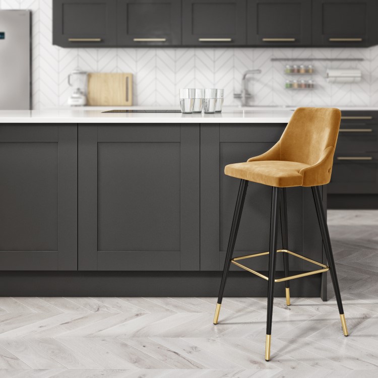 Mustard Velvet Kitchen Stool with Button Back - 66cm - Maddy