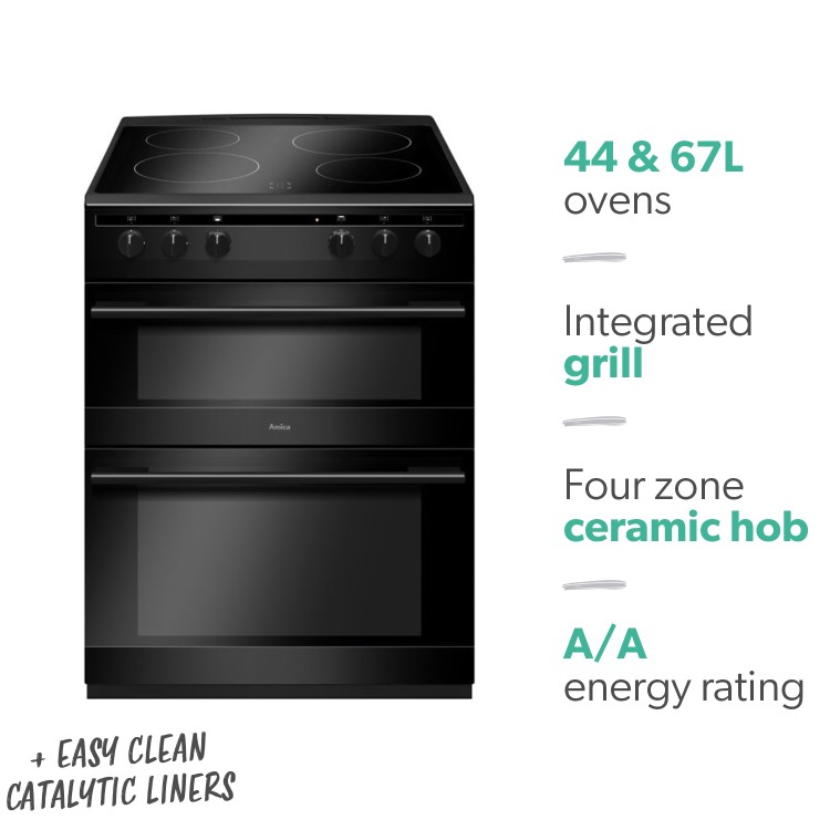 Refurbished Amica AFC6520BL 60cm Double Oven Electric Cooker with Ceramic Hob Black