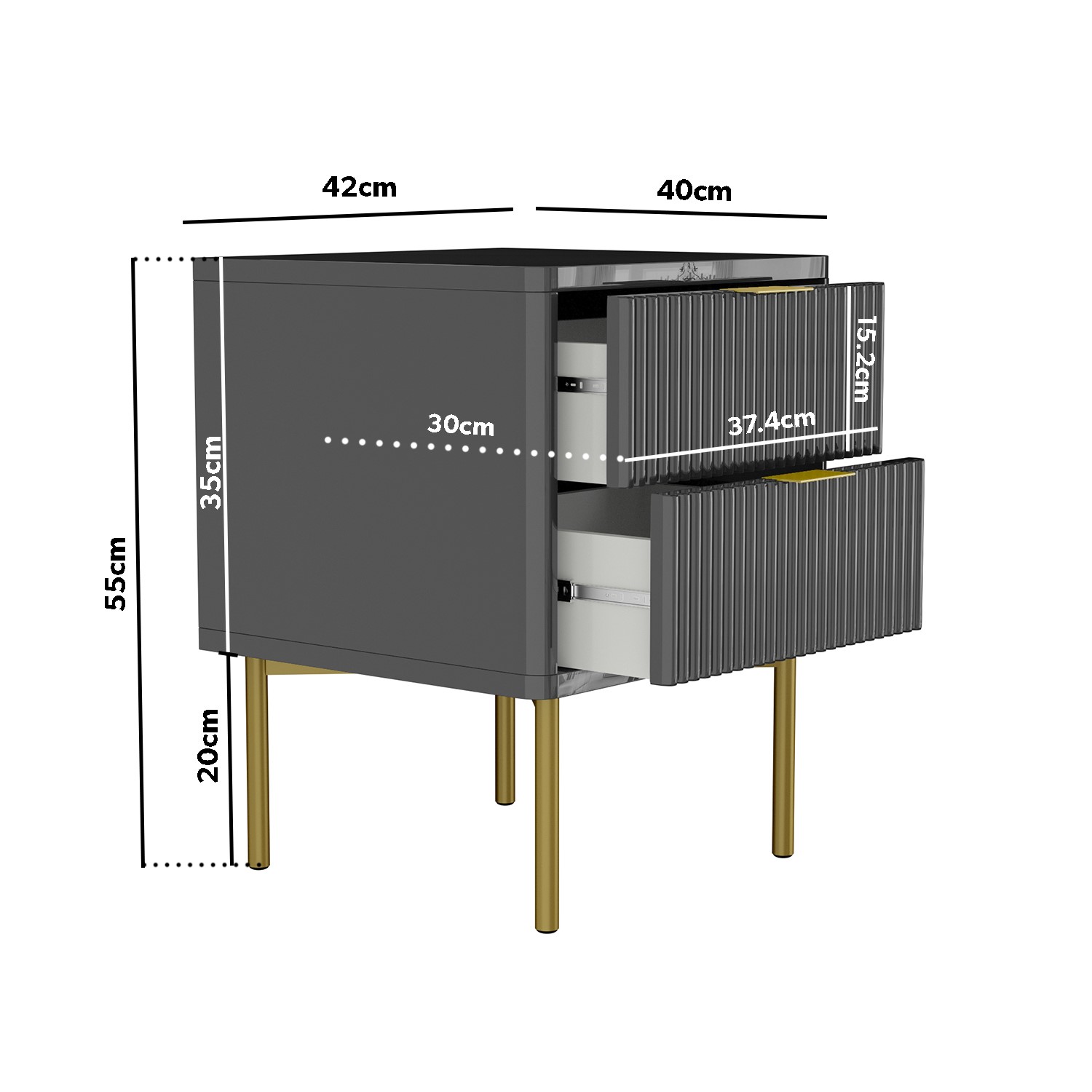 Dark Grey High Gloss 2 Drawer Bedside Table with Legs Valencia