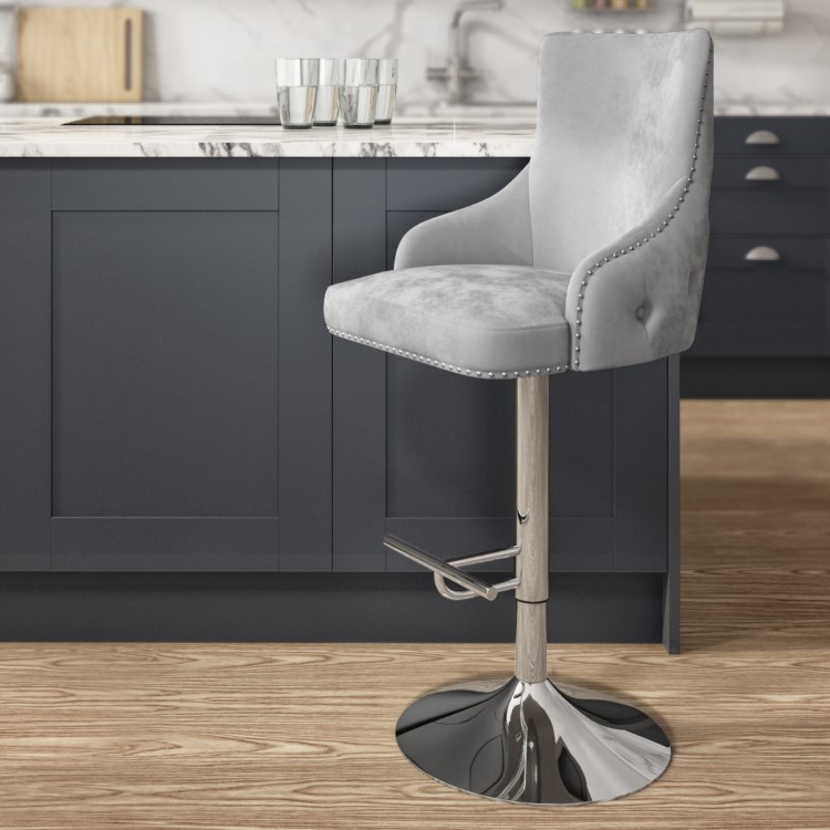 Light Grey Velvet Swivel Bar Stool - Height Adjustable - Jade Boutique