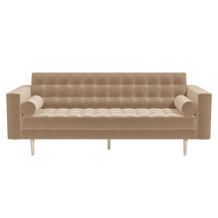 Mid Century Quilted Beige Velvet 3 Seater Sofa - Elba