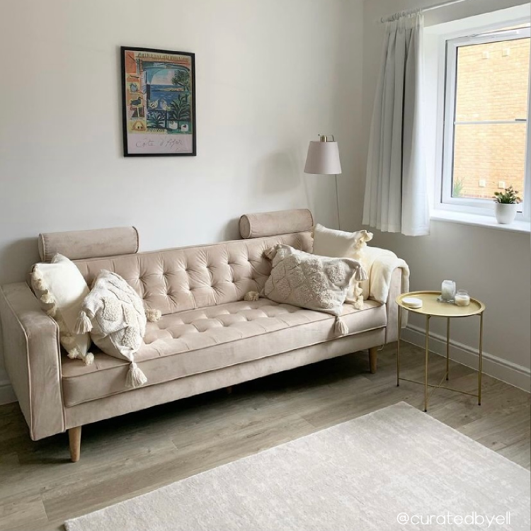 Mid Century Quilted Beige Velvet 3 Seater Sofa - Elba