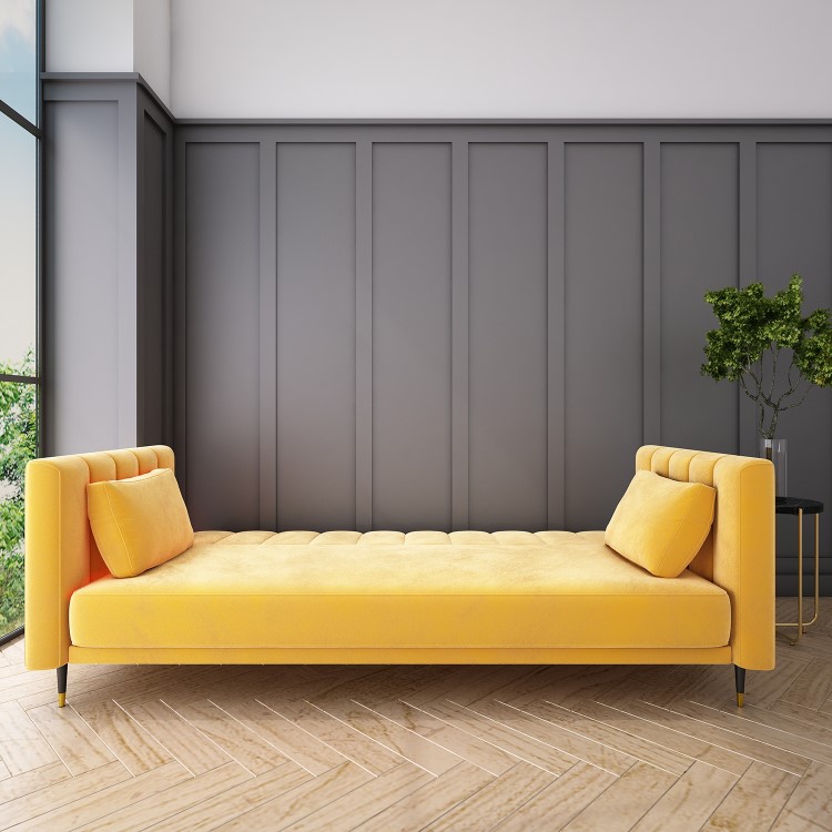 Yellow Velvet 3 Seater Sofa Bed with Cushions - Sleeps 2 - Mabel