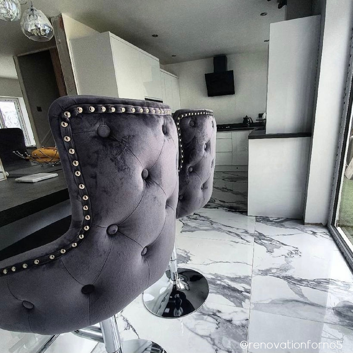 Dark Grey Velvet Swivel Bar Stool Height Adjustable Jade Boutique