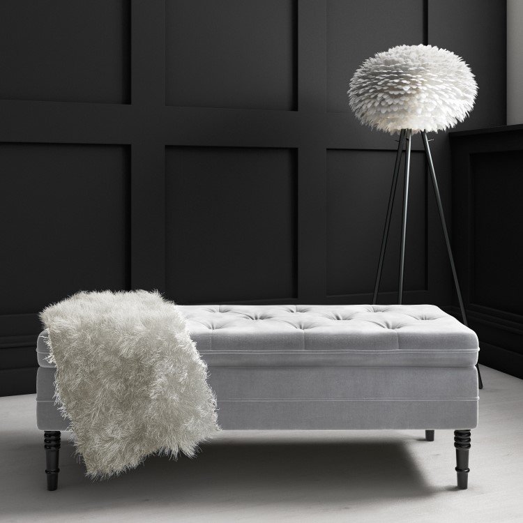 Grey Velvet End-of-Bed Ottoman Storage Bench with Button Detail - Safina