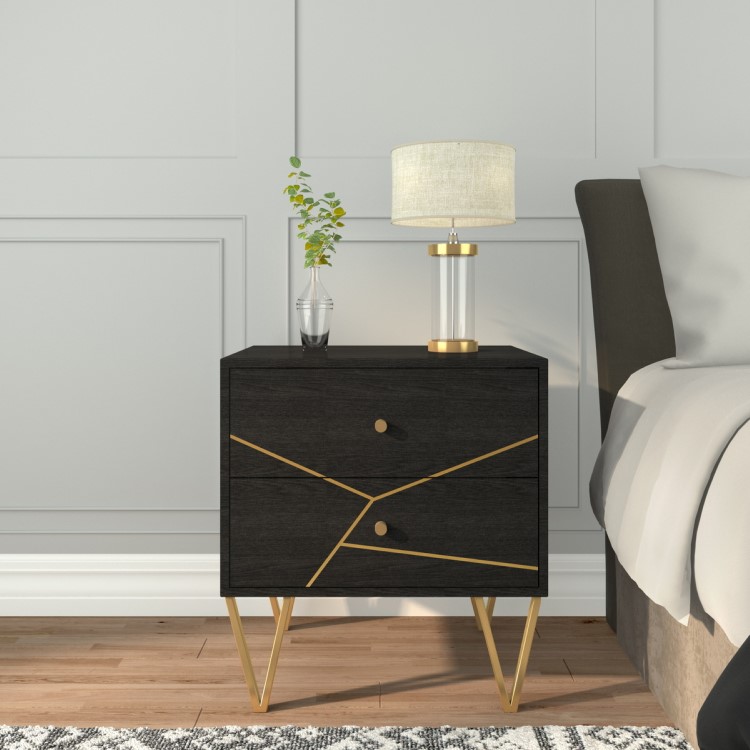 Dark Wood 2 Drawer Bedside Table with Gold Inlay - Mika