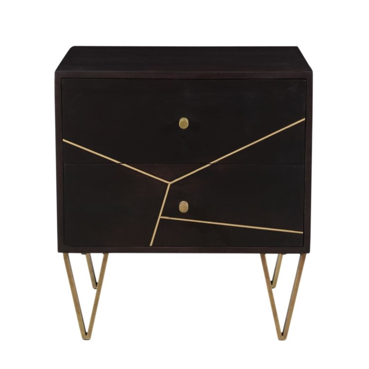 Dark Wood 2 Drawer Bedside Table with Gold Inlay - Mika