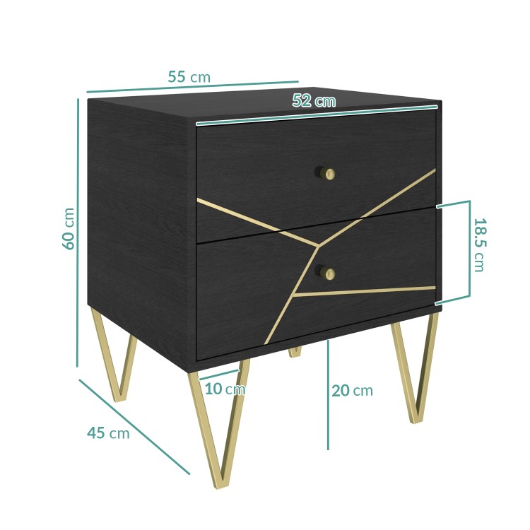 Dark Wood 2 Drawer Bedside Table with Gold Inlay - Mika
