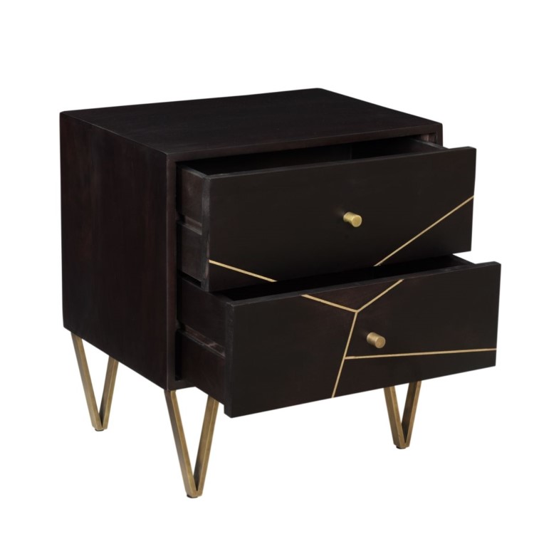Dark Wood 2 Drawer Bedside Table with Gold Inlay - Mika