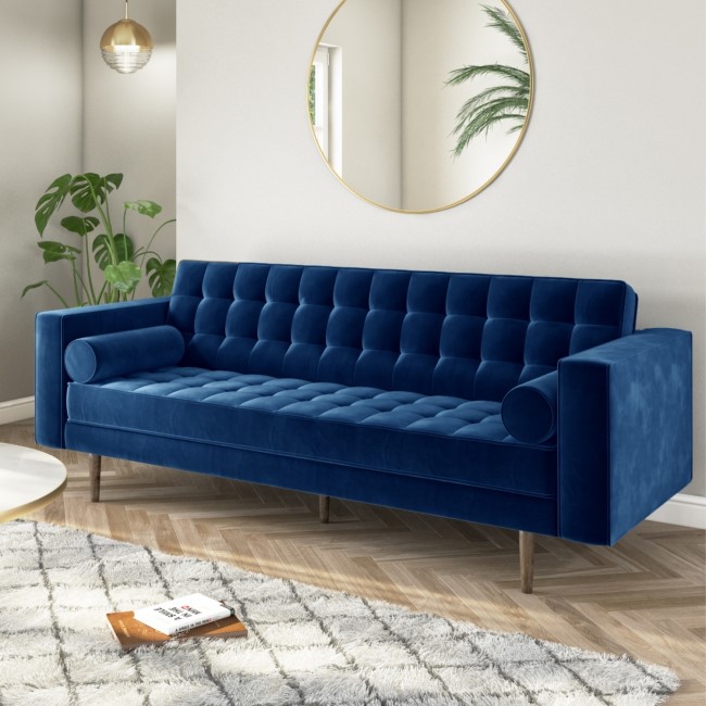 Mid Century Quilted Navy Blue Velvet 3 Seater Sofa - Elba