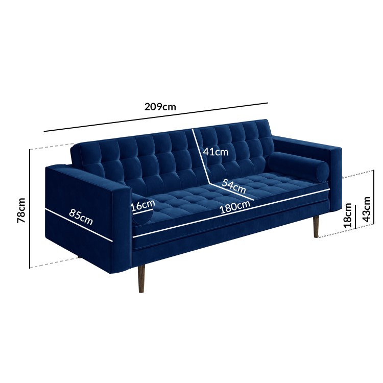 Mid Century Quilted Navy Blue Velvet 3 Seater Sofa - Elba