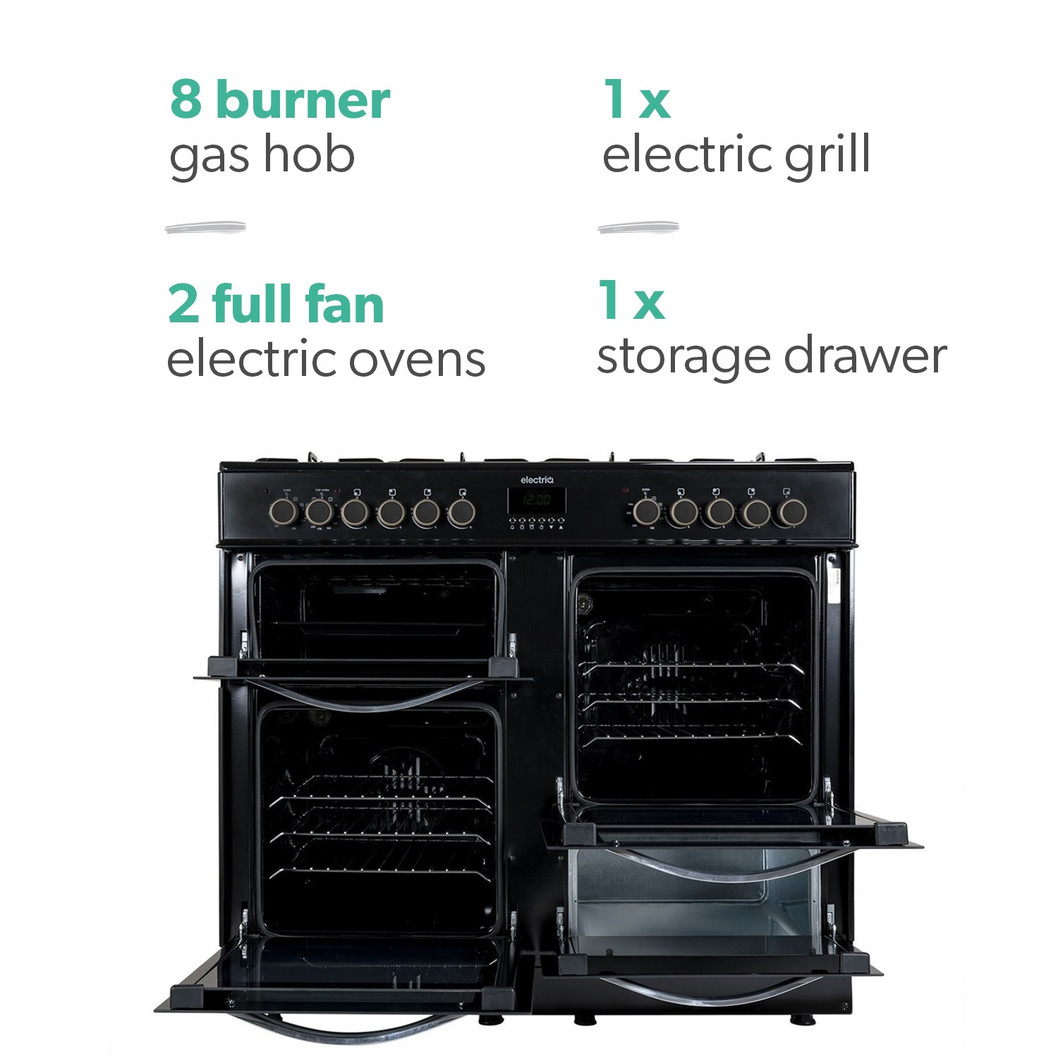 Refurbished electriQ EQRANGE100BLACK 100cm Dual Fuel Double Oven Range