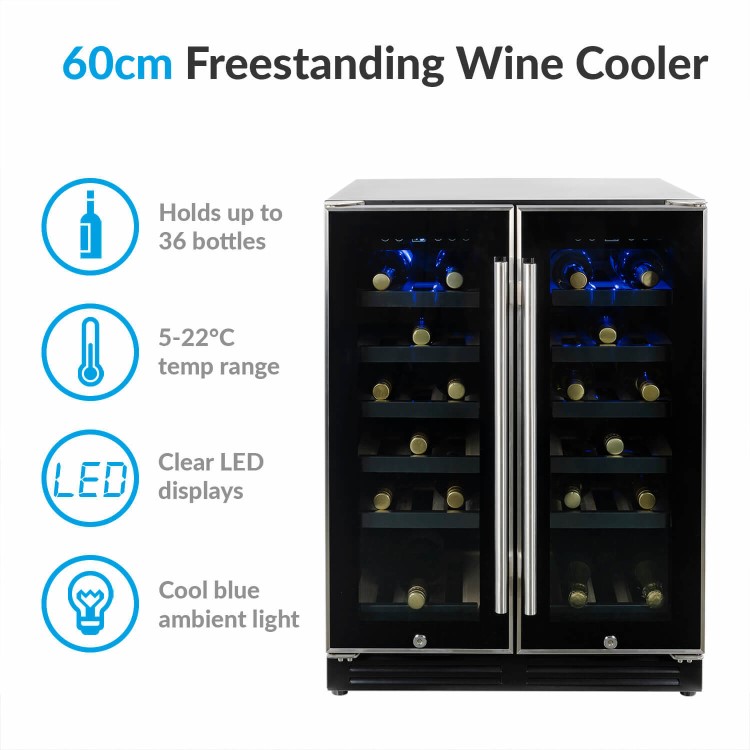Refurbished electriQ EQWINECH60DD Freestanding 36 Bottle  Dual Zone Under Counter Wine Cooler Stainless Steel
