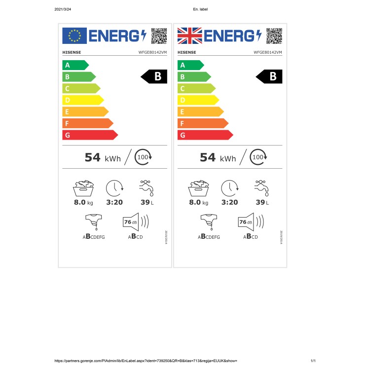 Refurbished Hisense WFGE80142VM Freestanding 8KG 1400 Spin Washing Machine White