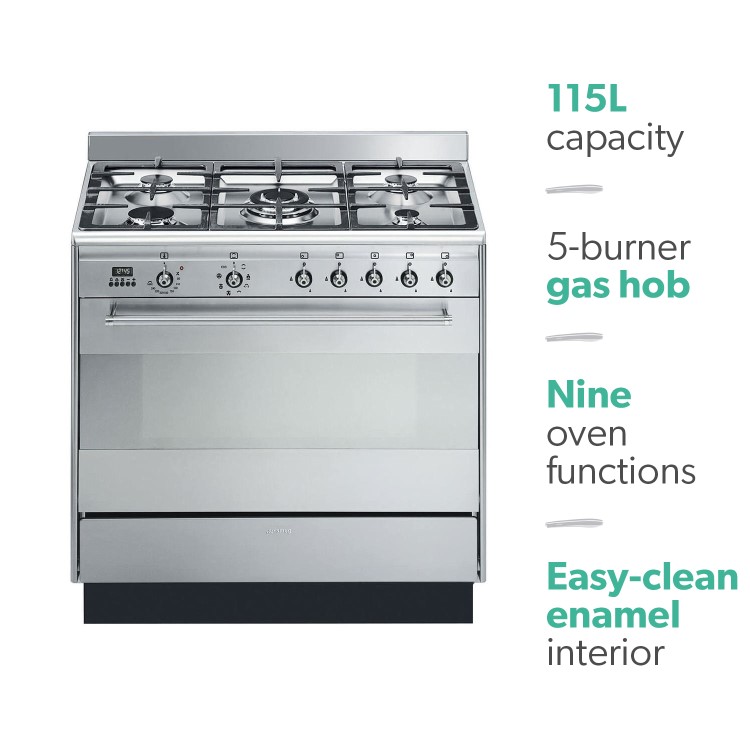 Refurbished Smeg Concert SUK91MFX9 90cm Dual Fuel Single Oven Range Cooker Stainless Steel