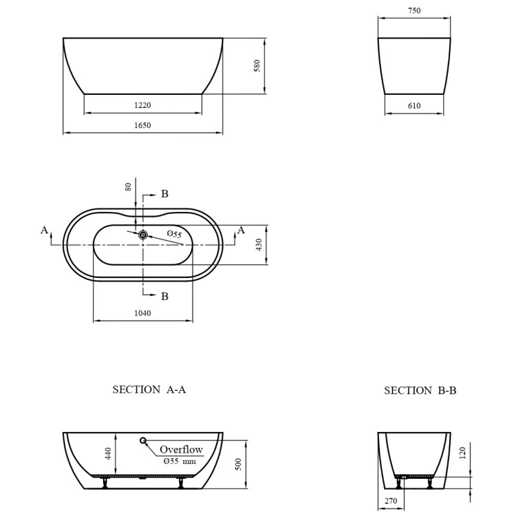 GRADE A1 - Lisbon Double Ended Freestanding Bath - 1650 x 750mm