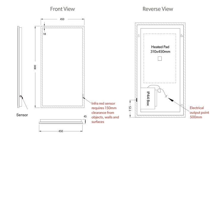 GRADE A1 - Rectangular LED Bathroom Mirror with Demister 450 x 800mm- HiB Globe 45